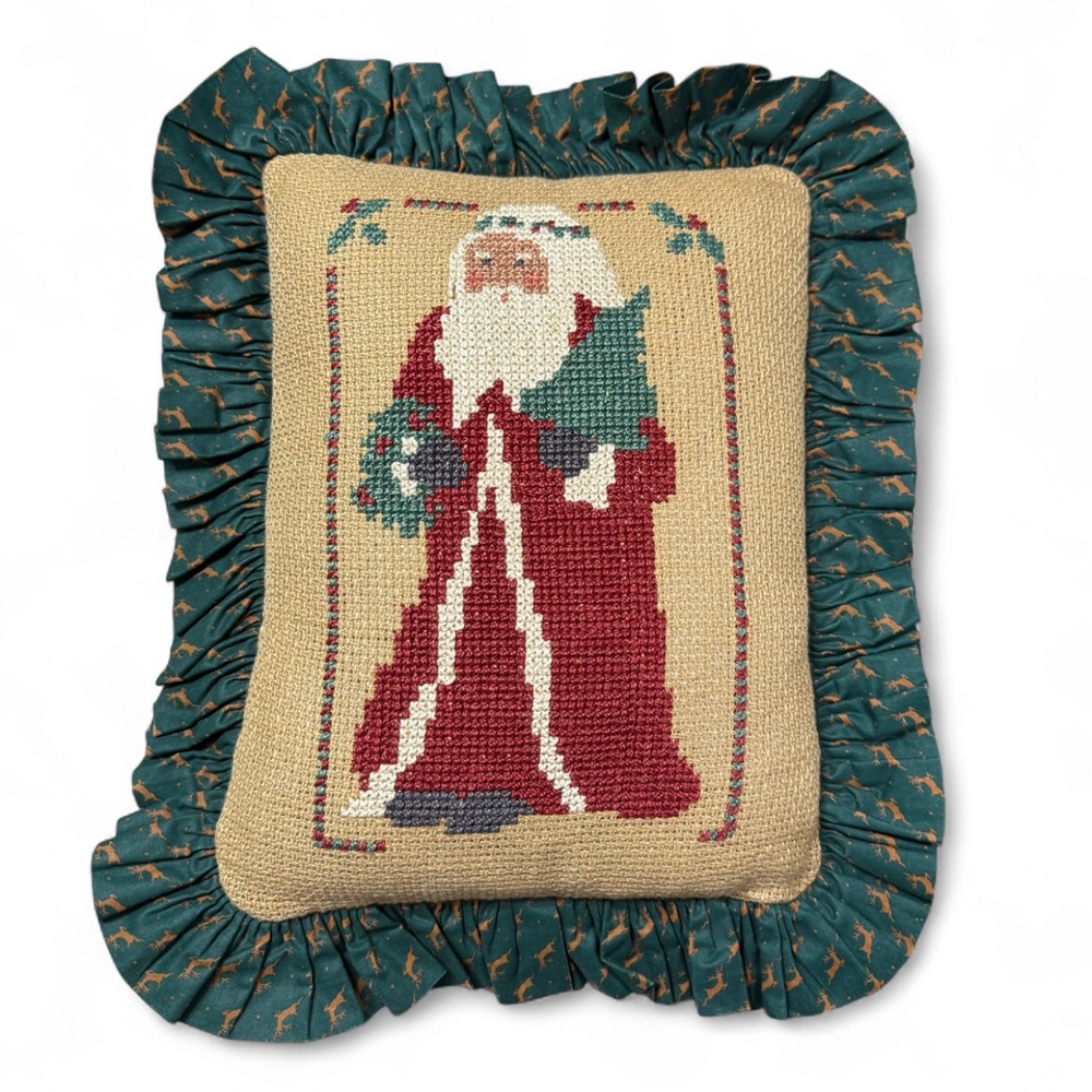 VTG Prairie Schooler Santa 1991 Cross Stitch COMPLETED Pillow Christmas Holiday